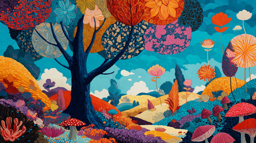 Vibrant Whimsical Garden Mural Wallpaper in Multi-Color Palette