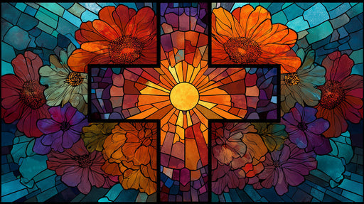 Radiant Floral Cross Stained Glass Mural Wallpaper