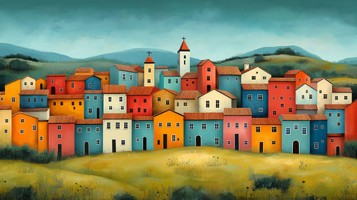 Tuscan Hillside Village Mural Wallpaper — Vibrant Painted Scene