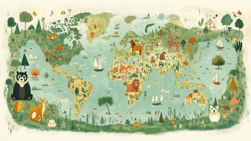 Whimsical World Map with Animals Mural Wallpaper