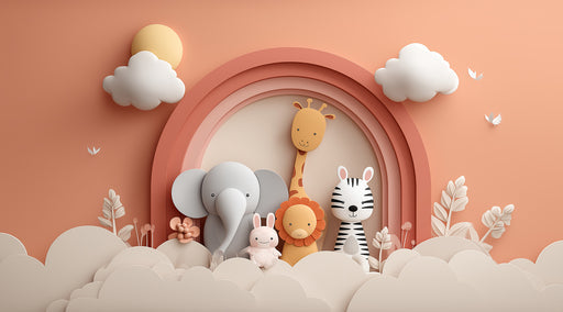 Safari Friends Rainbow Mural Wallpaper — Soft Paper-Cut Aesthetic