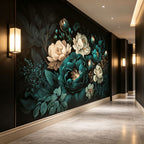 Vintage dark green and blue peony flower wallpaper mural