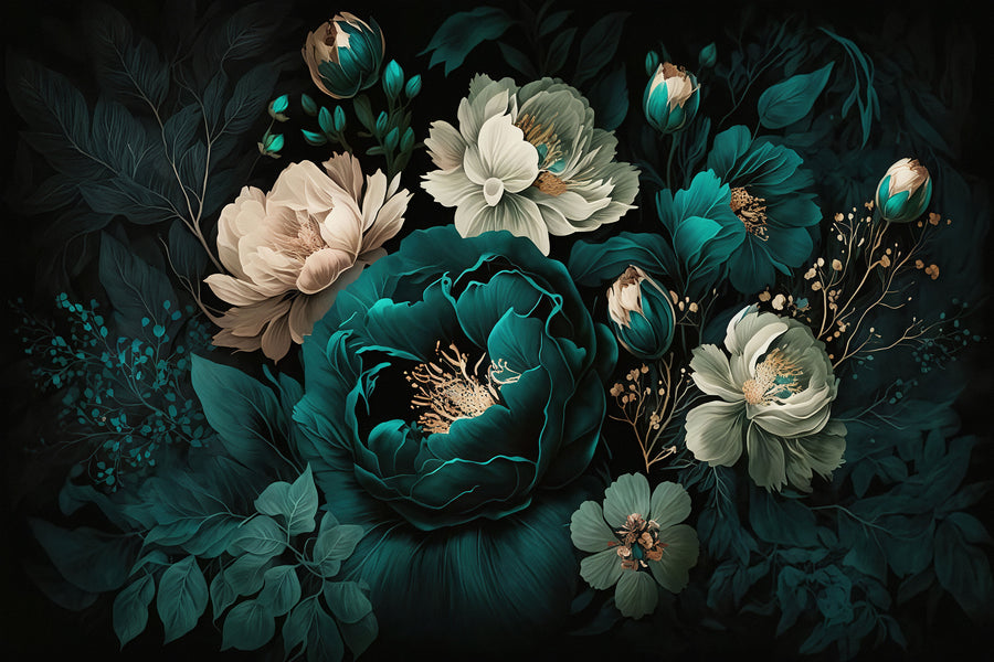 Vintage dark green and blue peony flower wallpaper mural