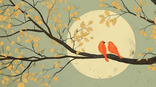 Autumnal Songbirds Mural Wallpaper with Soft Sage Background