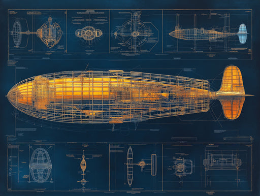 Vintage Airship Blueprint Mural Wallpaper — Industrial Nautical